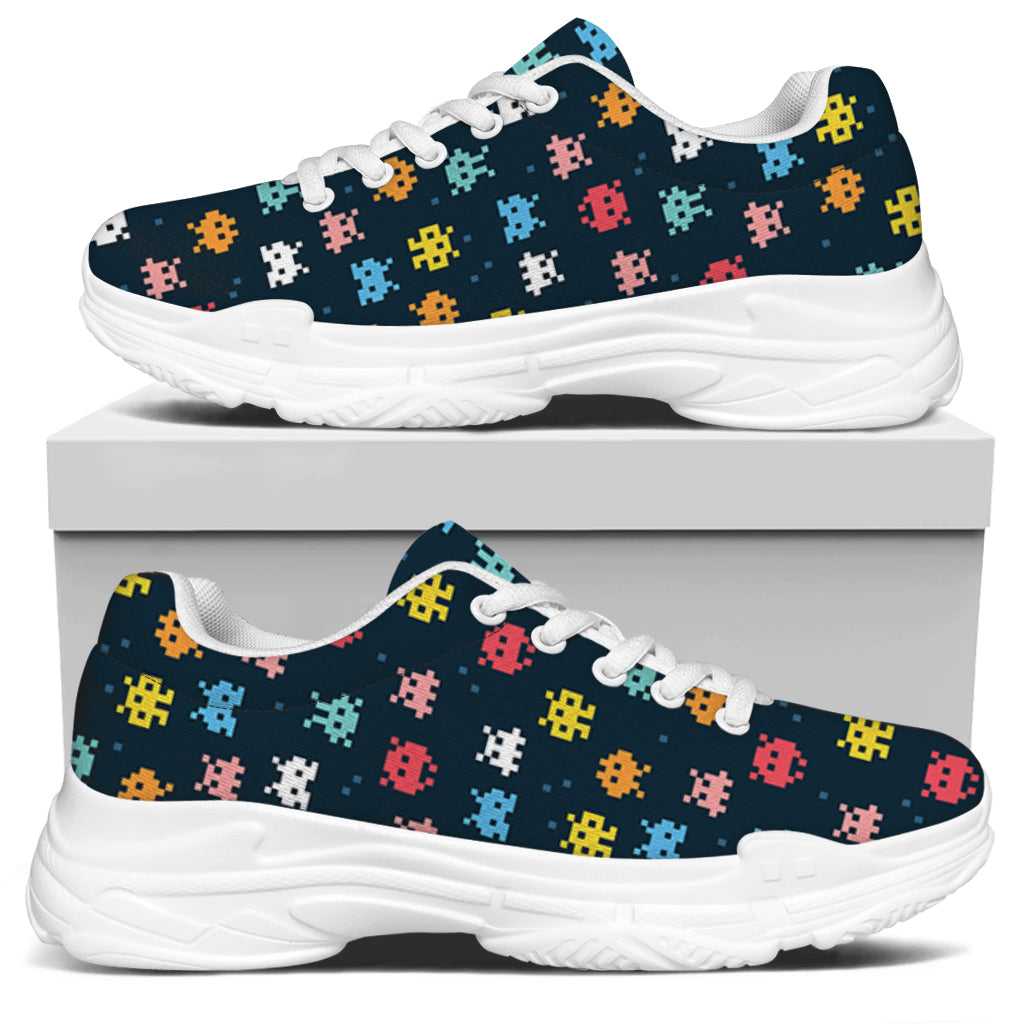 8-Bit Video Game Monsters Pattern Print White Chunky Shoes