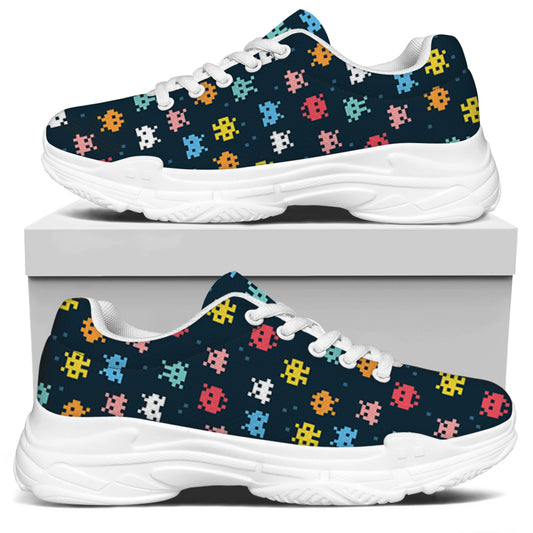 8-Bit Video Game Monsters Pattern Print White Chunky Shoes
