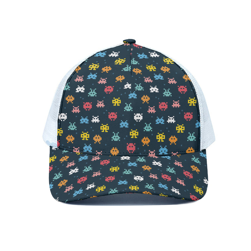 8-Bit Video Game Monsters Pattern Print White Mesh Trucker Cap