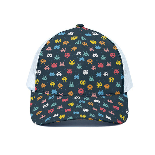 8-Bit Video Game Monsters Pattern Print White Mesh Trucker Cap