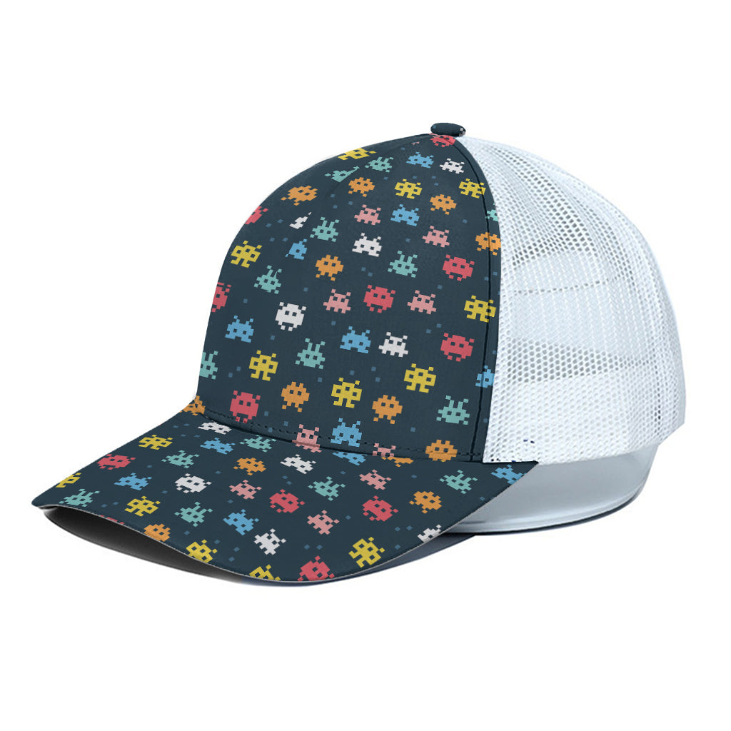 8-Bit Video Game Monsters Pattern Print White Mesh Trucker Cap