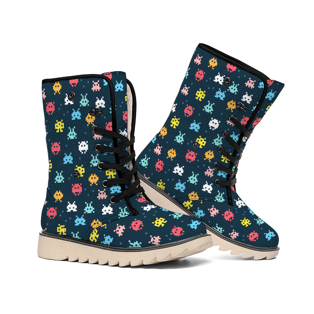 8-Bit Video Game Monsters Pattern Print Winter Boots