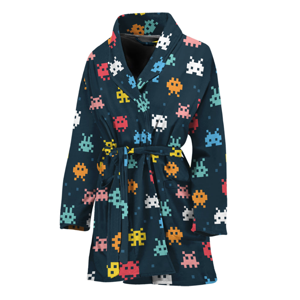 8-Bit Video Game Monsters Pattern Print Women's Bathrobe