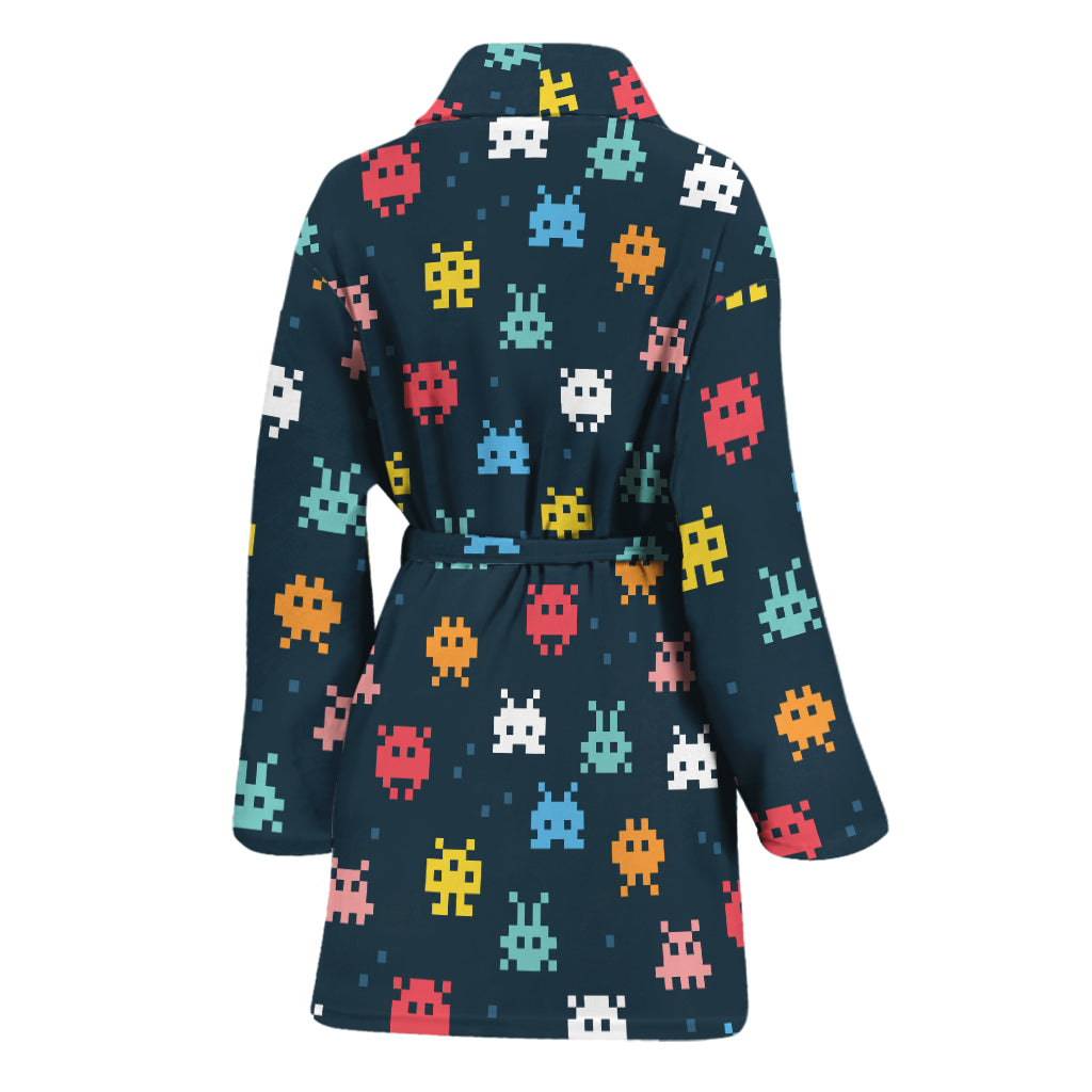 8-Bit Video Game Monsters Pattern Print Women's Bathrobe