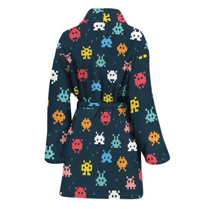 8-Bit Video Game Monsters Pattern Print Women's Bathrobe