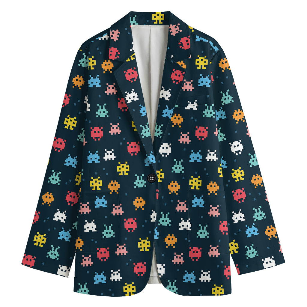 8-Bit Video Game Monsters Pattern Print Women's Blazer