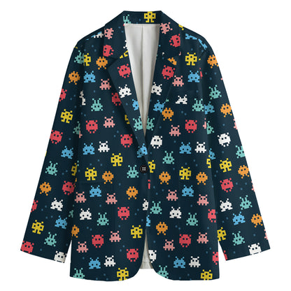 8-Bit Video Game Monsters Pattern Print Women's Blazer