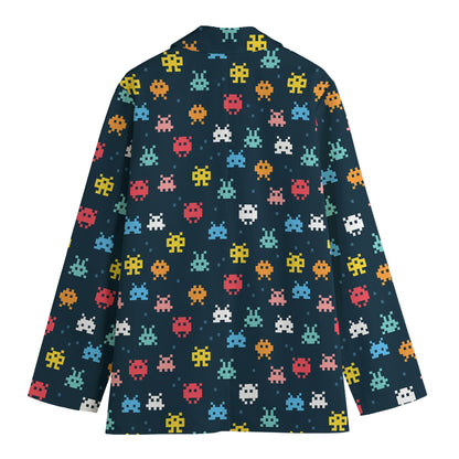 8-Bit Video Game Monsters Pattern Print Women's Blazer
