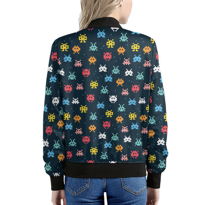 8-Bit Video Game Monsters Pattern Print Women's Bomber Jacket