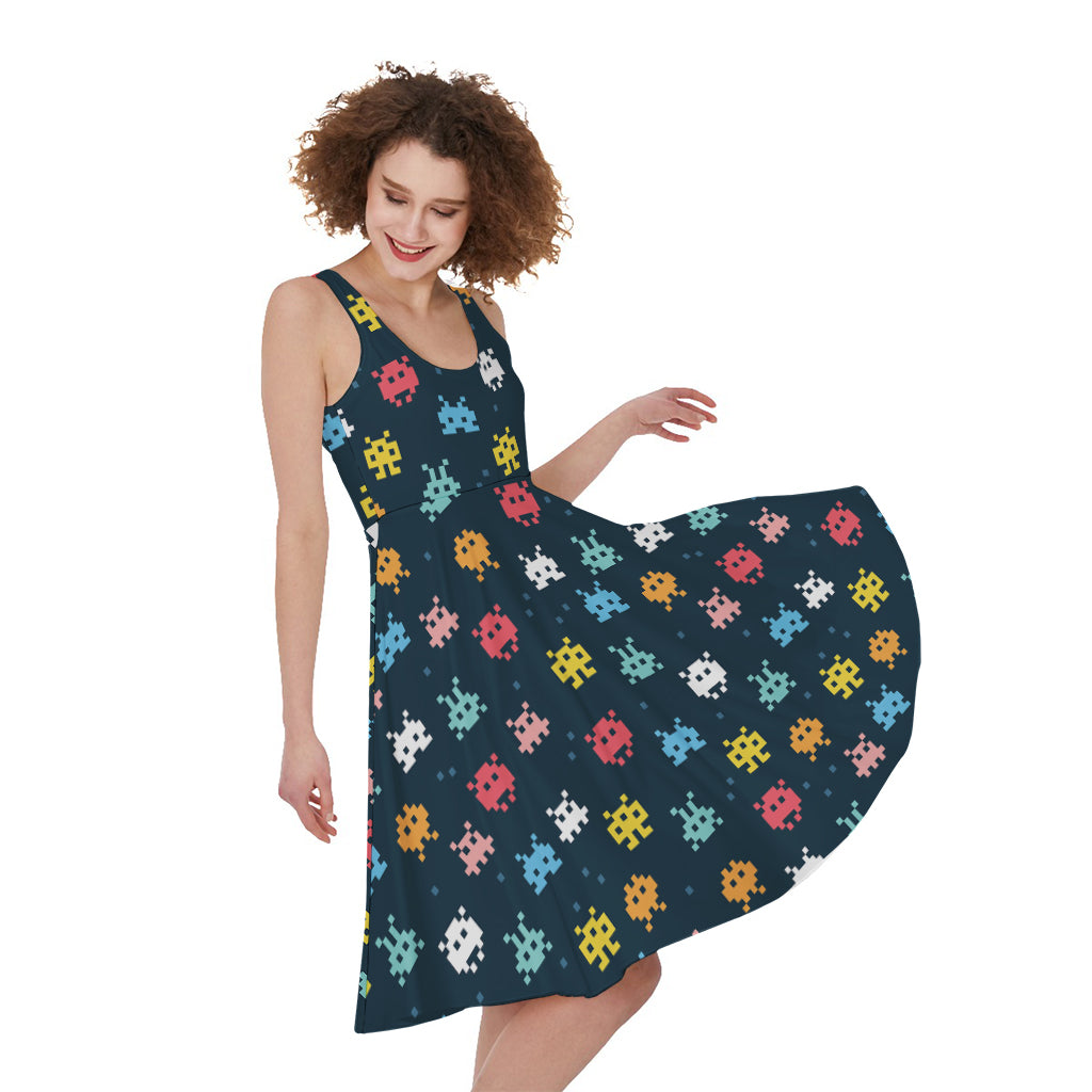 8-Bit Video Game Monsters Pattern Print Women's Sleeveless Dress