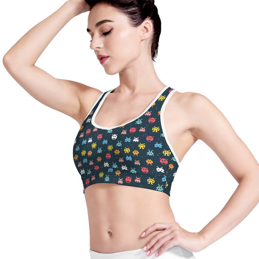 8-Bit Video Game Monsters Pattern Print Women's Sports Bra
