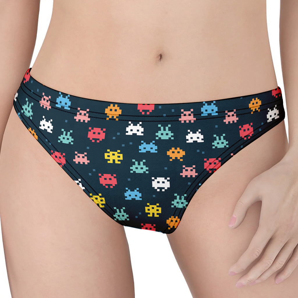 8-Bit Video Game Monsters Pattern Print Women's Thong