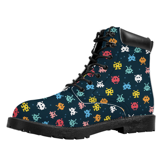 8-Bit Video Game Monsters Pattern Print Work Boots
