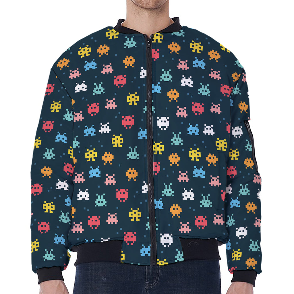 8-Bit Video Game Monsters Pattern Print Zip Sleeve Bomber Jacket