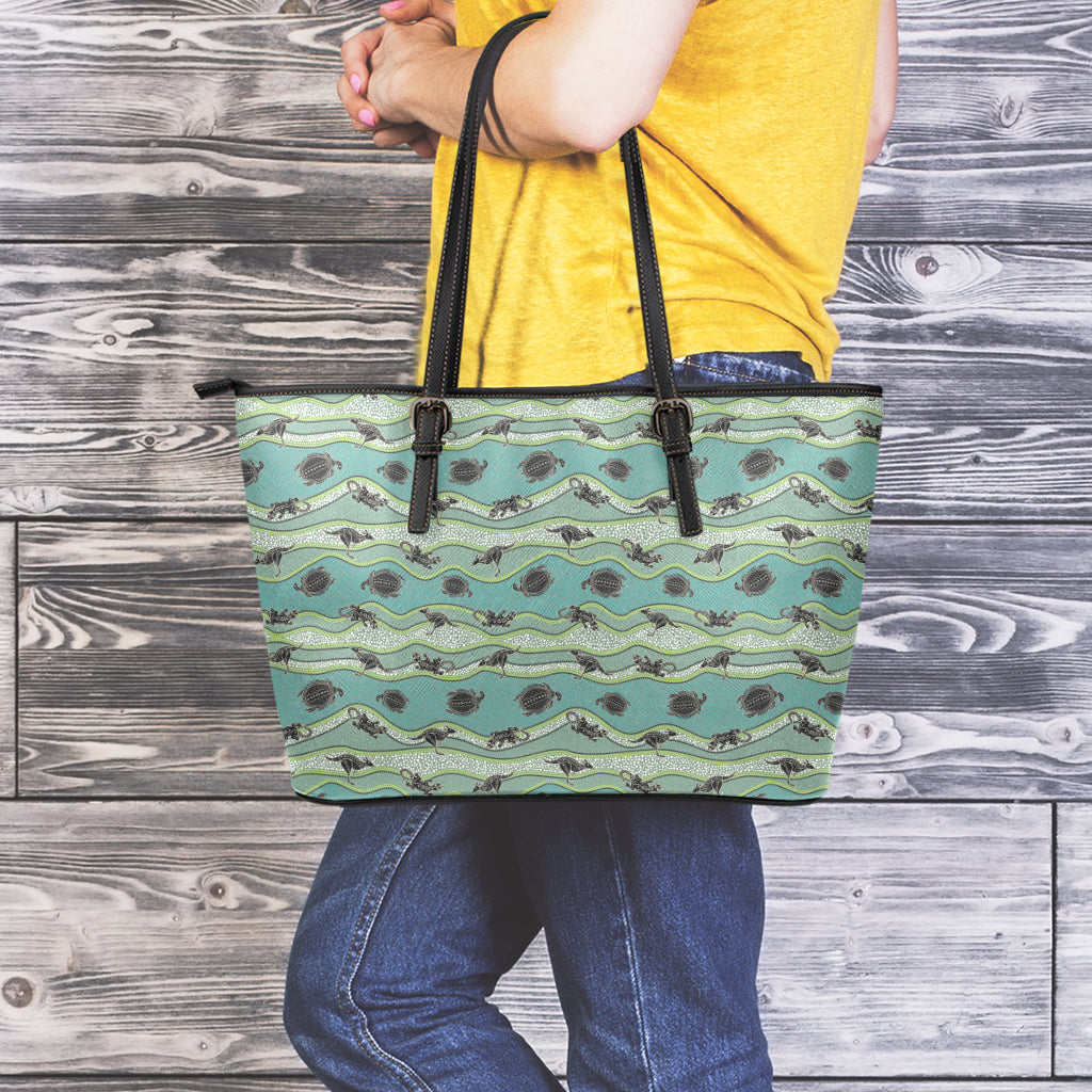 Aboriginal Animals Pattern Print Leather Tote Bag