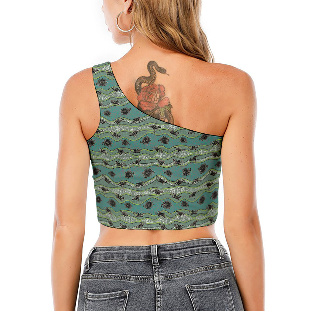 Aboriginal Animals Pattern Print One Shoulder Crop Top