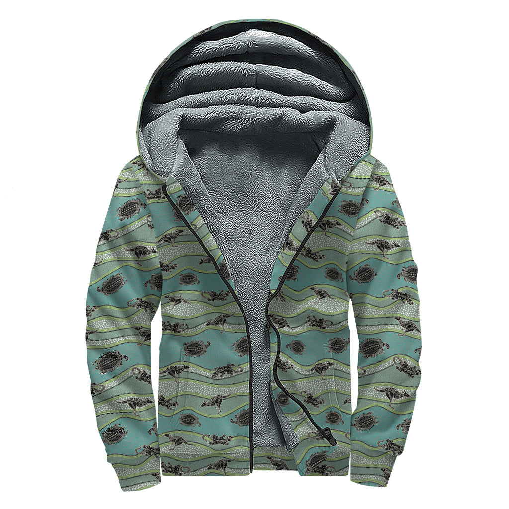 Aboriginal Animals Pattern Print Sherpa Lined Zip Up Hoodie