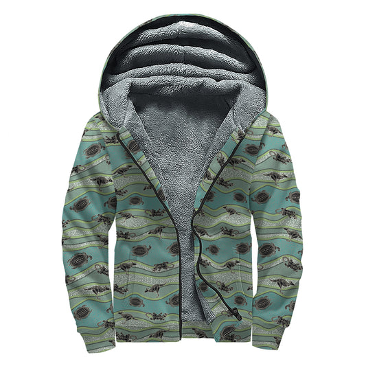 Aboriginal Animals Pattern Print Sherpa Lined Zip Up Hoodie