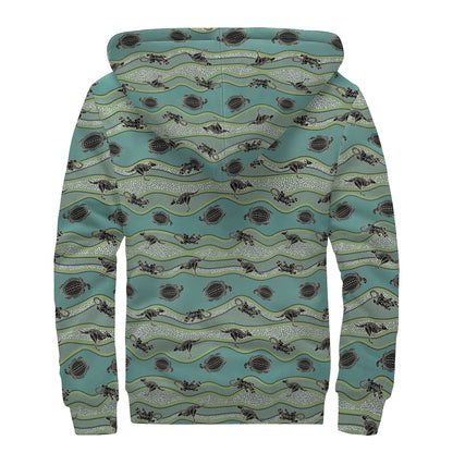 Aboriginal Animals Pattern Print Sherpa Lined Zip Up Hoodie