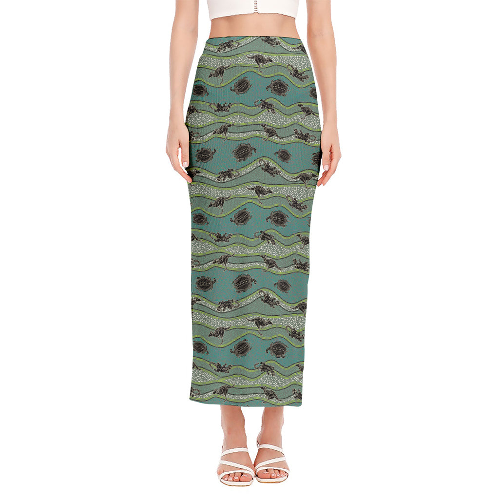 Aboriginal Animals Pattern Print Side Slit Maxi Skirt