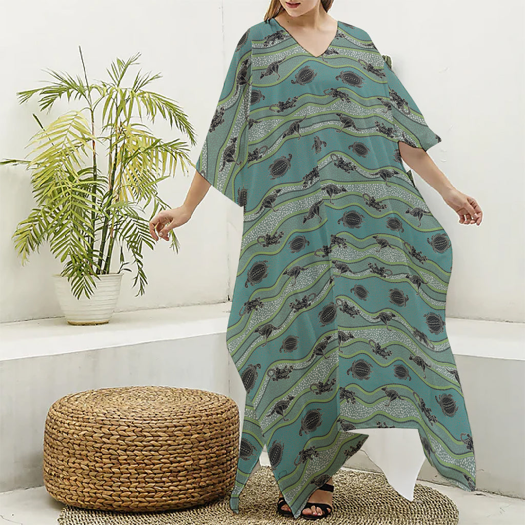 Aboriginal Animals Pattern Print Silk V-Neck Kaftan Dress