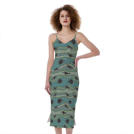 Aboriginal Animals Pattern Print Slim Fit Midi Cami Dress