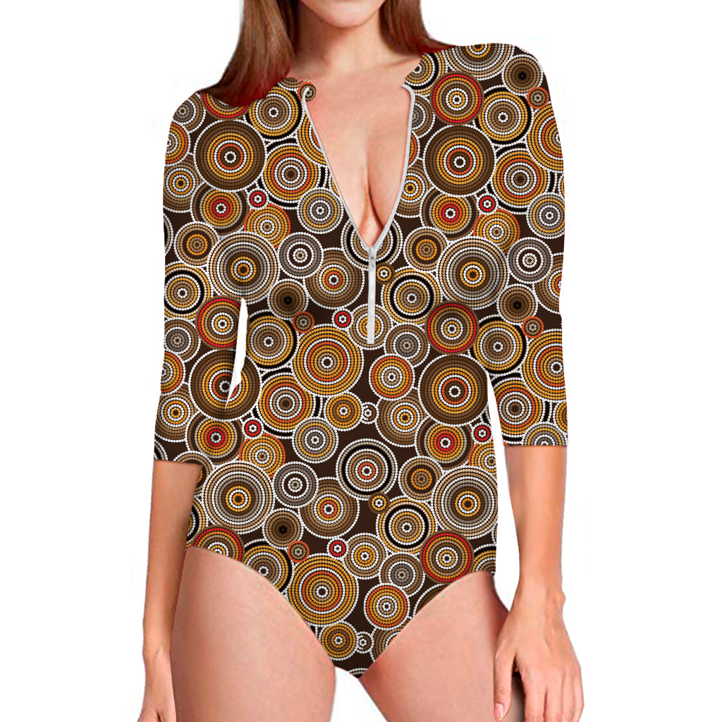 Aboriginal Art Dot Pattern Print Long Sleeve Swimsuit