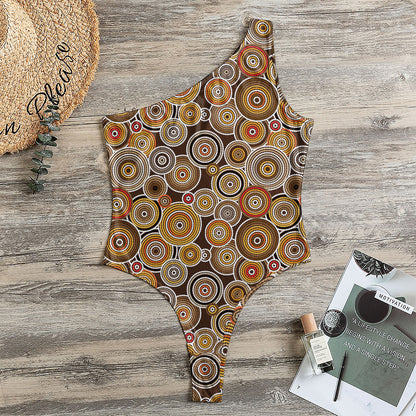Aboriginal Art Dot Pattern Print One Shoulder Bodysuit