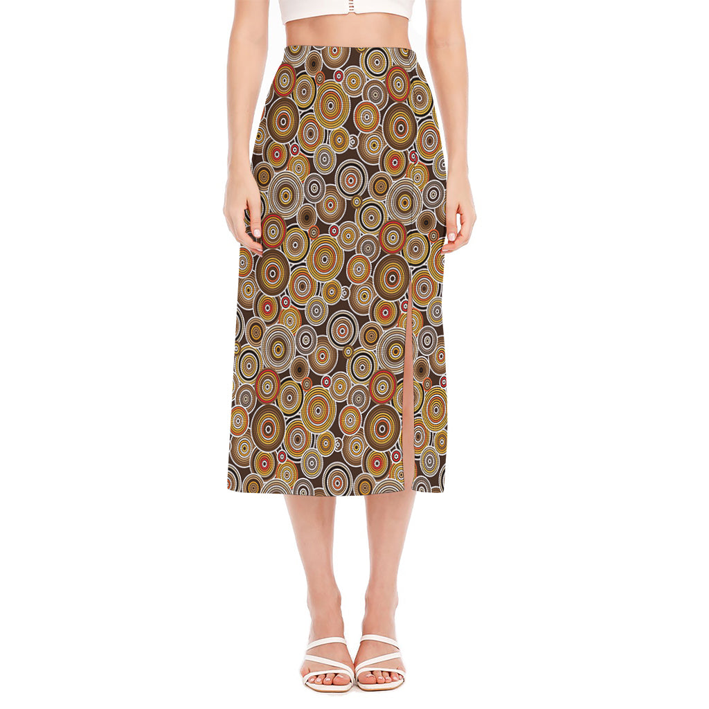 Aboriginal Art Dot Pattern Print Side Slit Midi Skirt