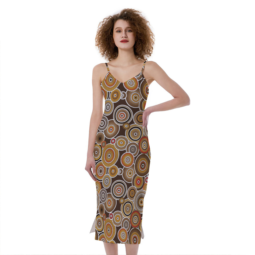 Aboriginal Art Dot Pattern Print Slim Fit Midi Cami Dress