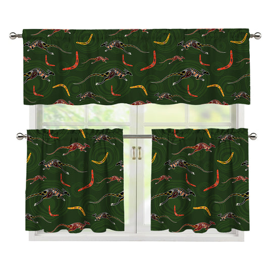 Aboriginal Boomerang And Kangaroo Print 3 Piece Kitchen Curtains