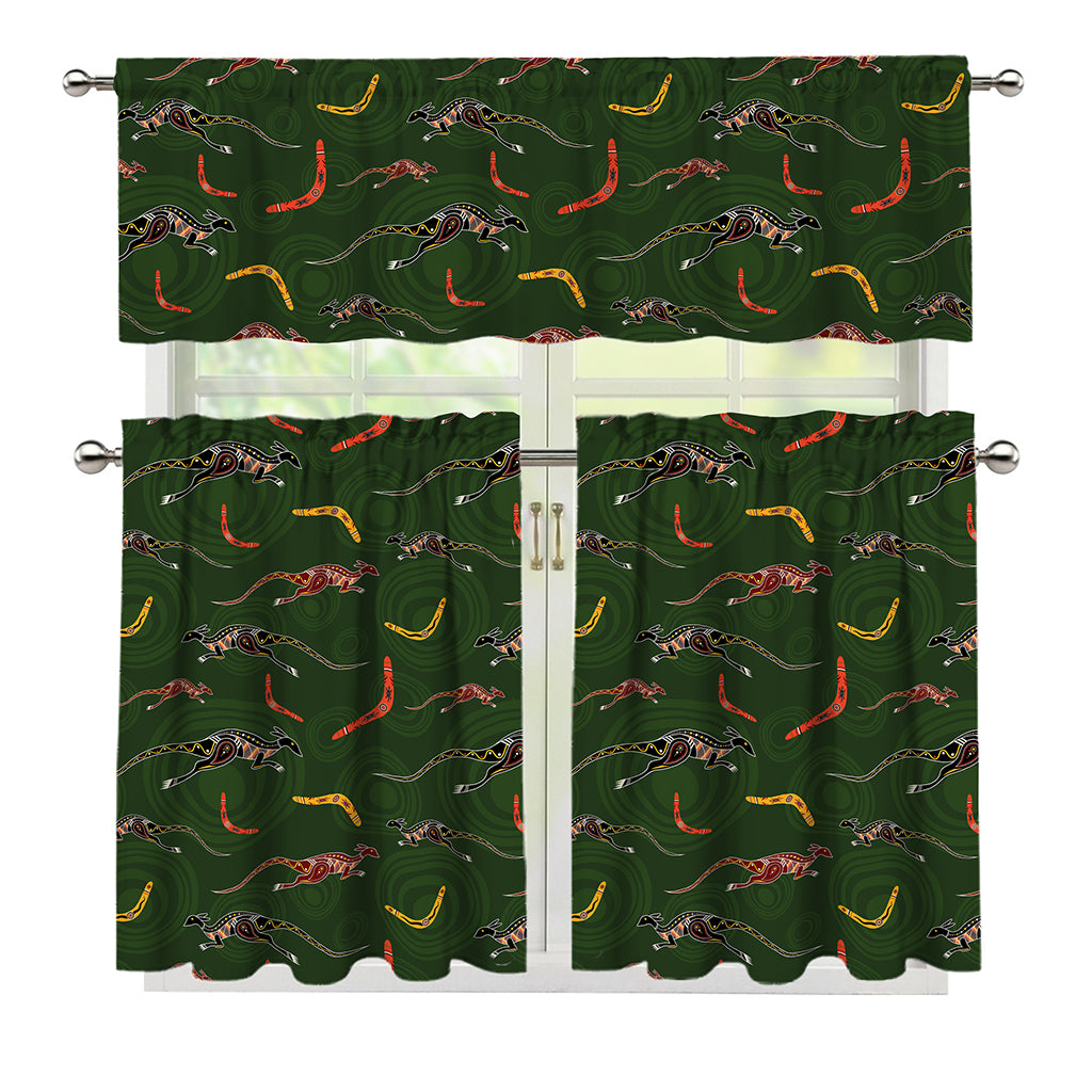 Aboriginal Boomerang And Kangaroo Print 3 Piece Kitchen Curtains