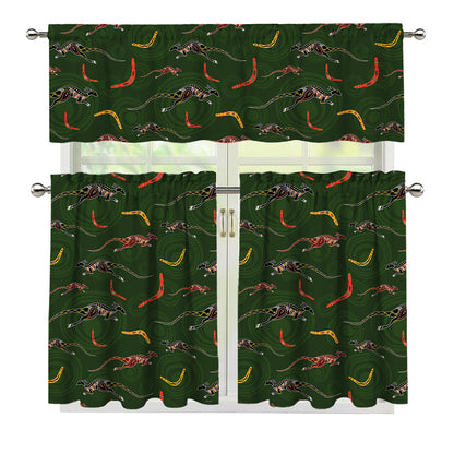 Aboriginal Boomerang And Kangaroo Print 3 Piece Kitchen Curtains