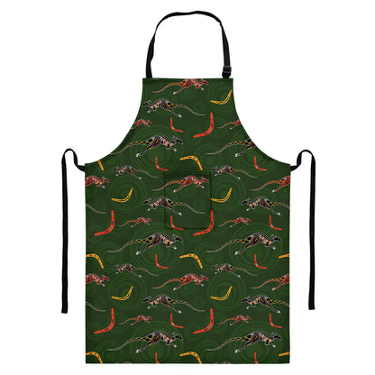 Aboriginal Boomerang And Kangaroo Print Bib Apron With Pocket