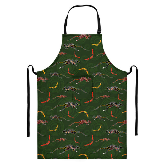 Aboriginal Boomerang And Kangaroo Print Bib Apron With Pocket