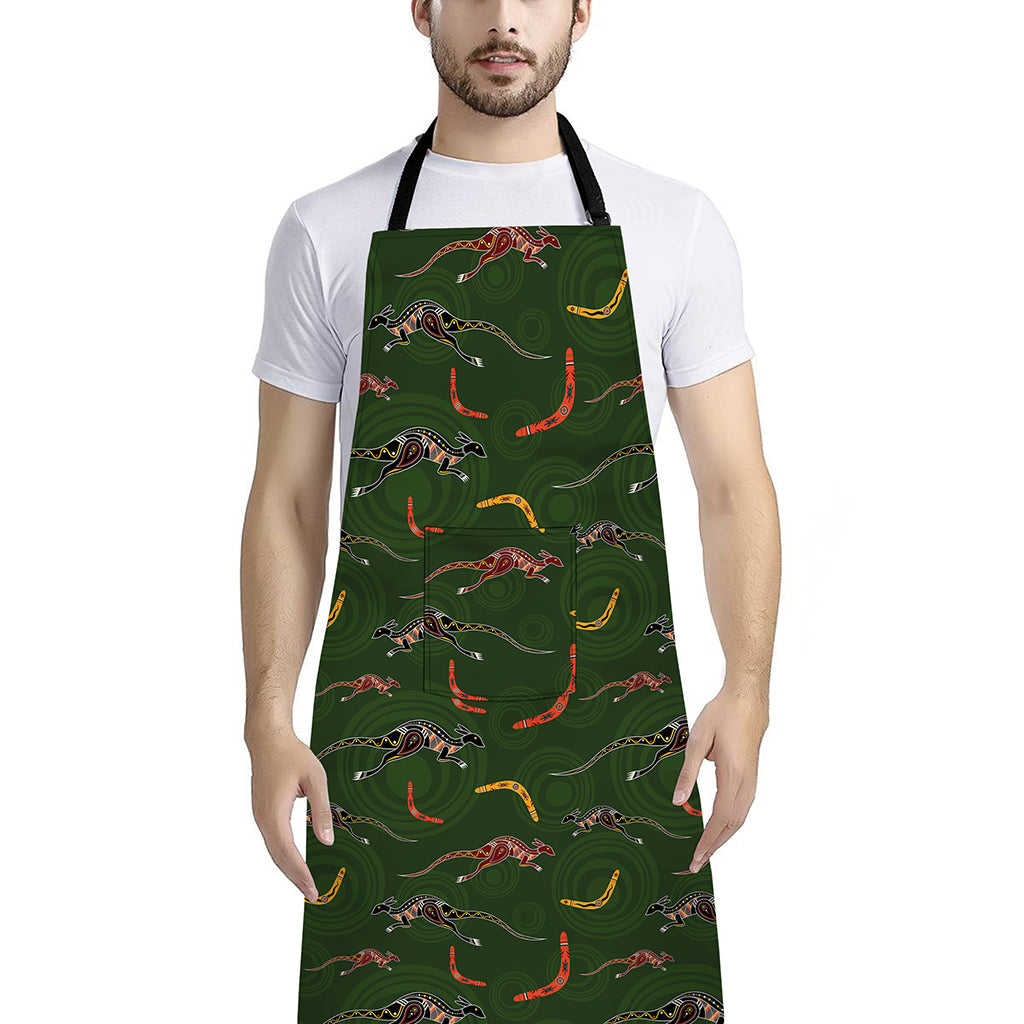 Aboriginal Boomerang And Kangaroo Print Bib Apron With Pocket