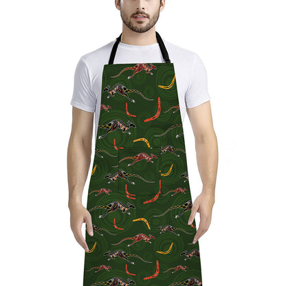 Aboriginal Boomerang And Kangaroo Print Bib Apron With Pocket