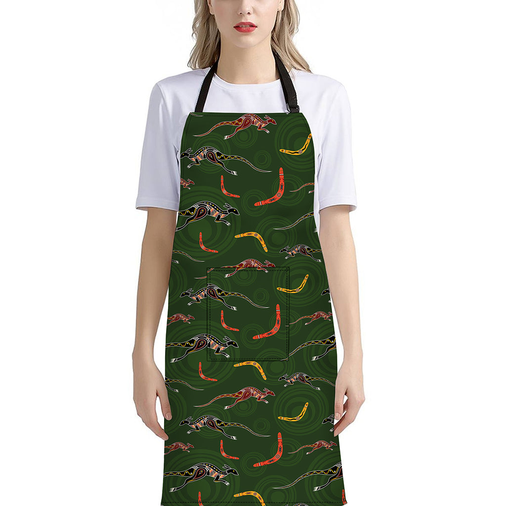 Aboriginal Boomerang And Kangaroo Print Bib Apron With Pocket