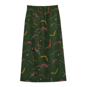 Aboriginal Boomerang And Kangaroo Print Cotton Front Slit Maxi Skirt