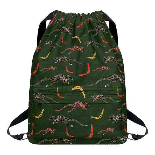 Aboriginal Boomerang And Kangaroo Print Drawstring Backpack