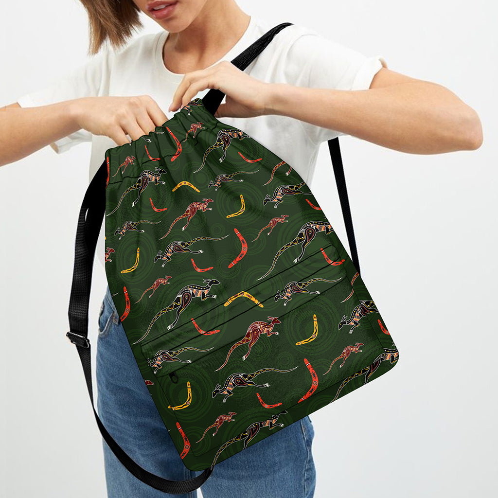 Aboriginal Boomerang And Kangaroo Print Drawstring Backpack