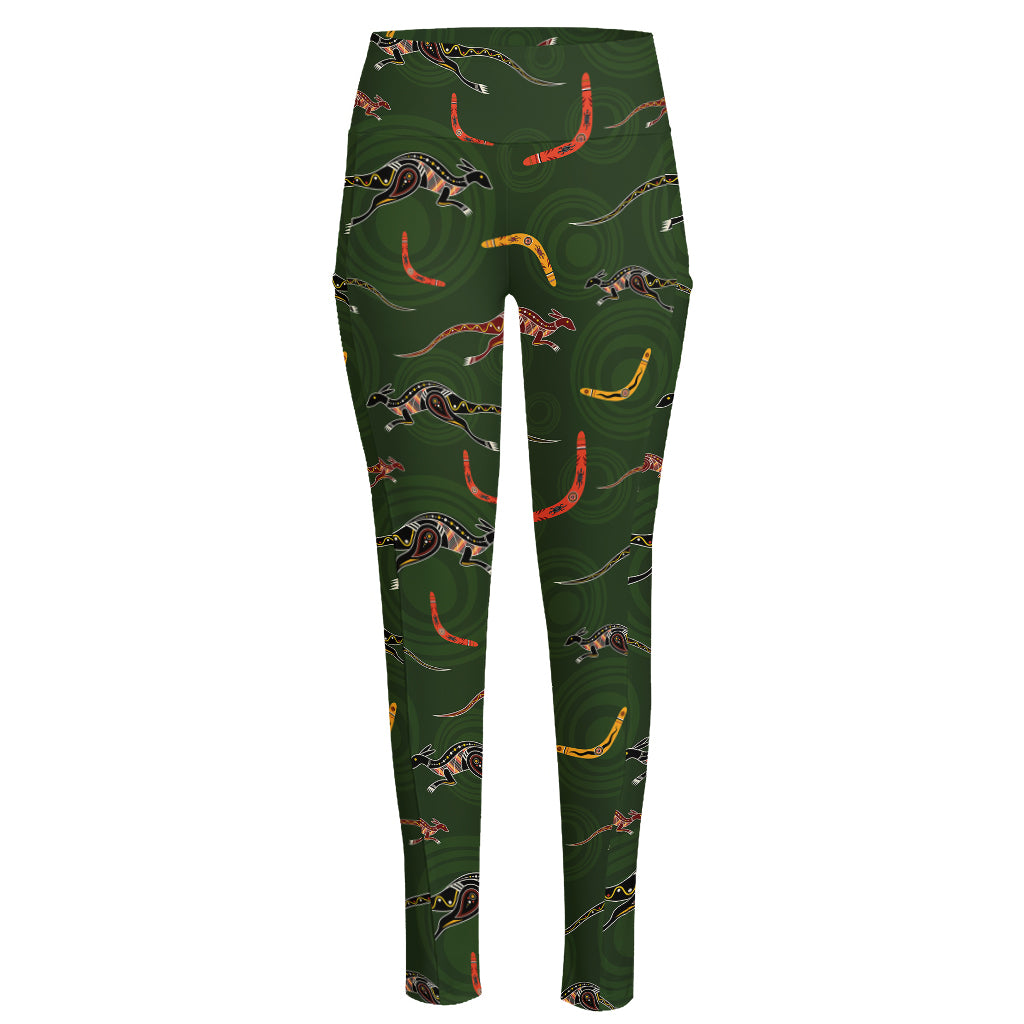 Aboriginal Boomerang And Kangaroo Print High-Waisted Pocket Leggings