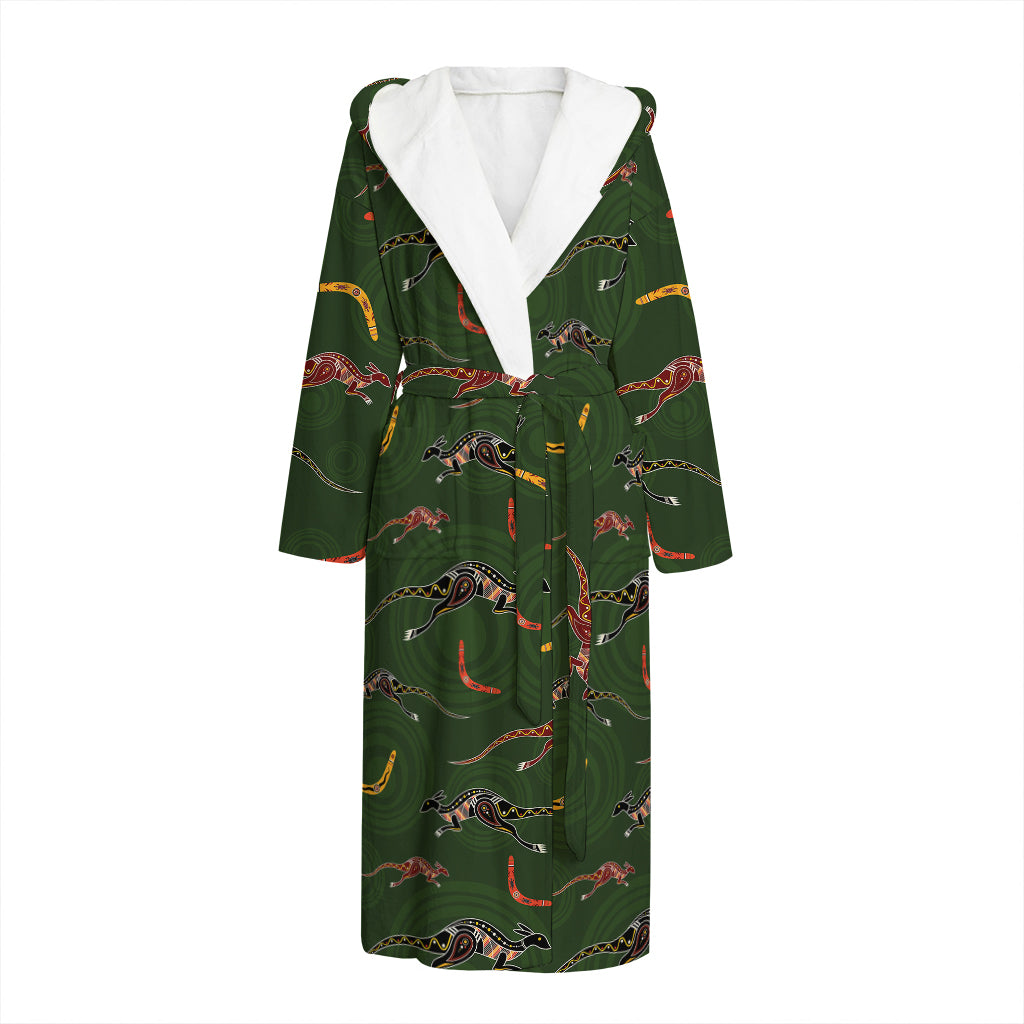 Aboriginal Boomerang And Kangaroo Print Hooded Bathrobe