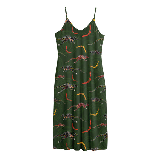 Aboriginal Boomerang And Kangaroo Print Jersey Midi Cami Dress
