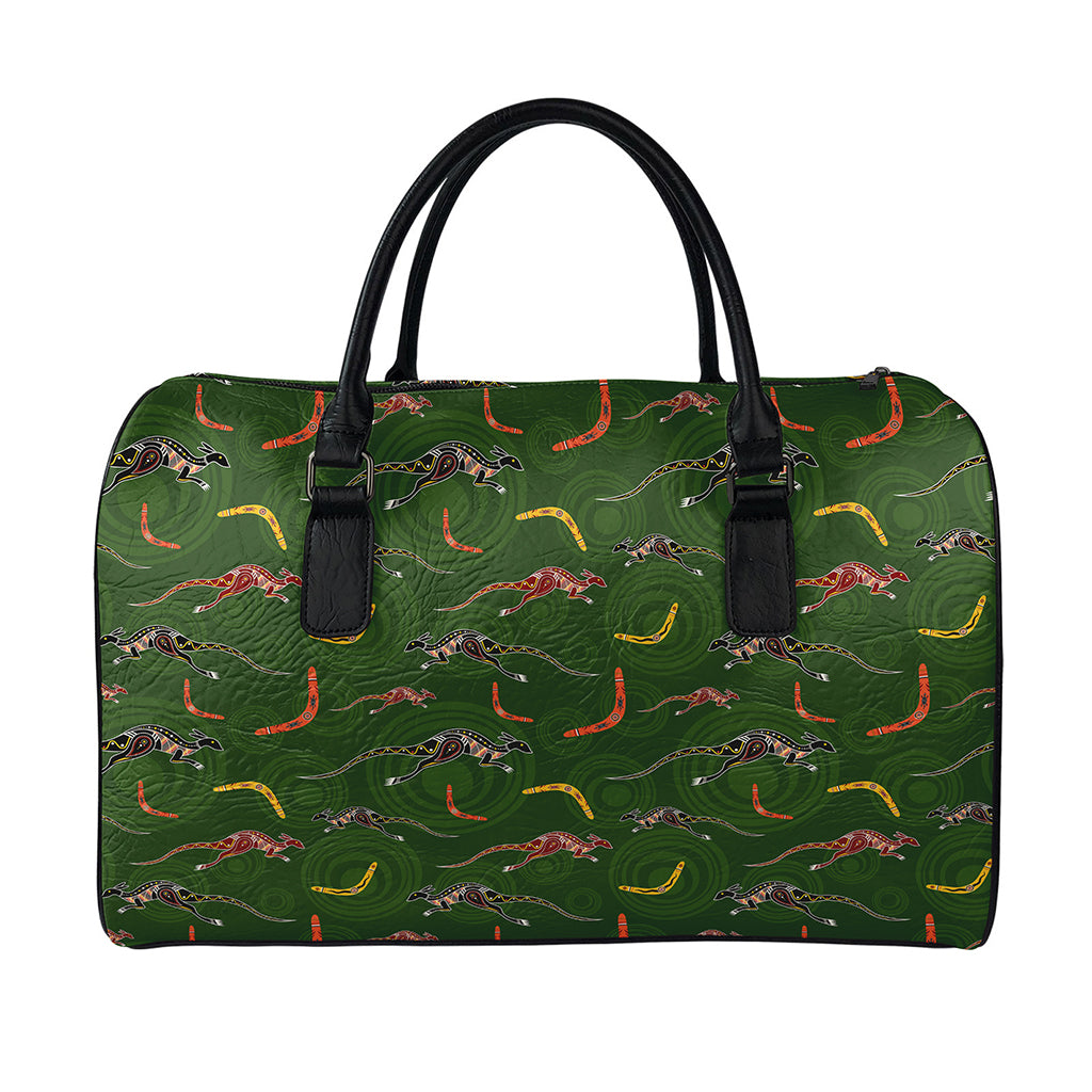 Aboriginal Boomerang And Kangaroo Print Leather Duffle Bag