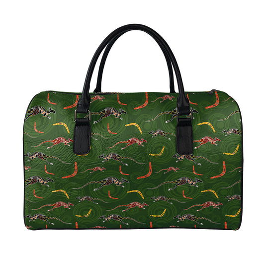 Aboriginal Boomerang And Kangaroo Print Leather Duffle Bag