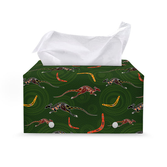 Aboriginal Boomerang And Kangaroo Print Leather Tissue Box Cover