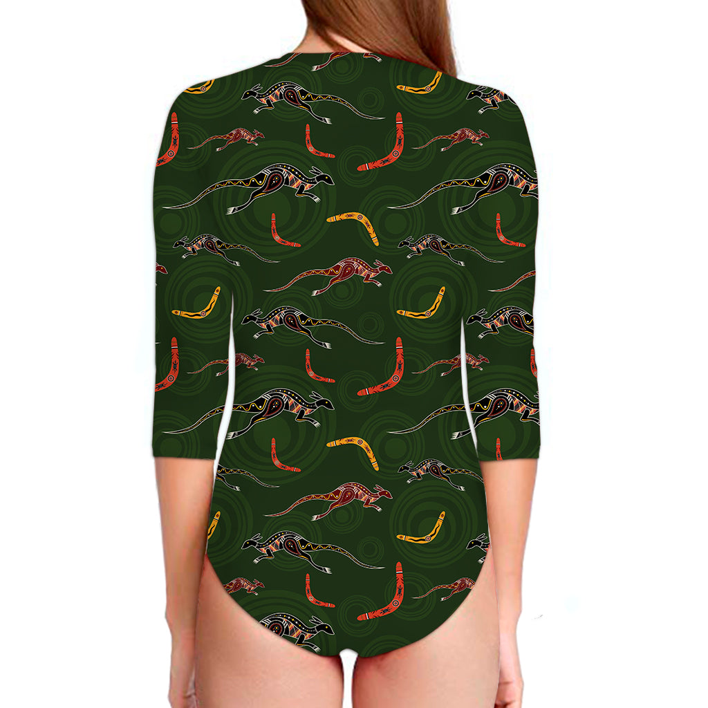 Aboriginal Boomerang And Kangaroo Print Long Sleeve Swimsuit