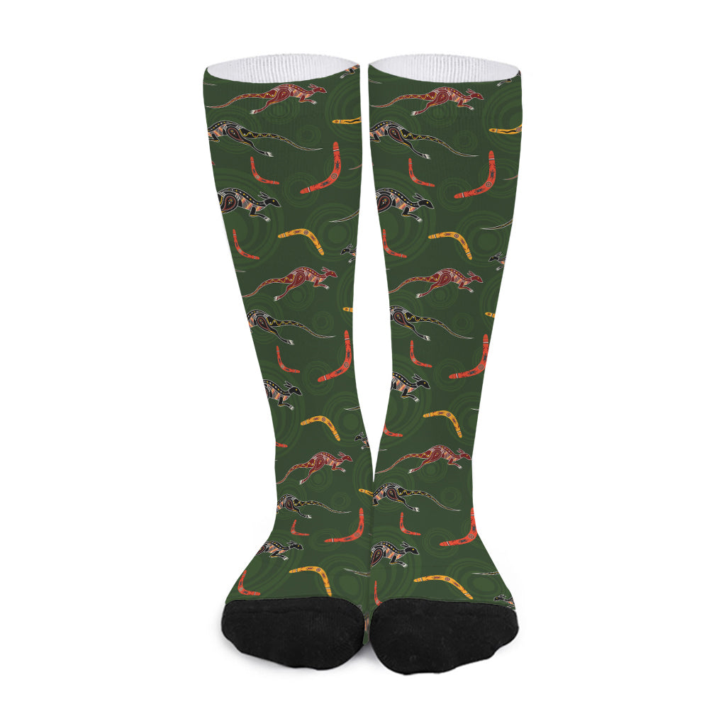 Aboriginal Boomerang And Kangaroo Print Long Socks