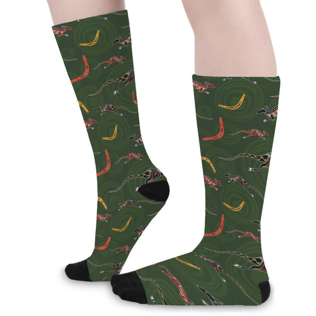 Aboriginal Boomerang And Kangaroo Print Long Socks